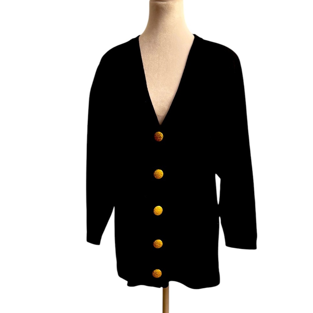 VTG Black Deep V Knit Slouchy Cardigan – Gold Embossed Buttons & Shoulder Pads